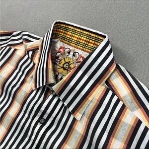 Robert Graham Shirt Men's Large Long Sleeve Button Up Flip Cuffs Striped Plaid